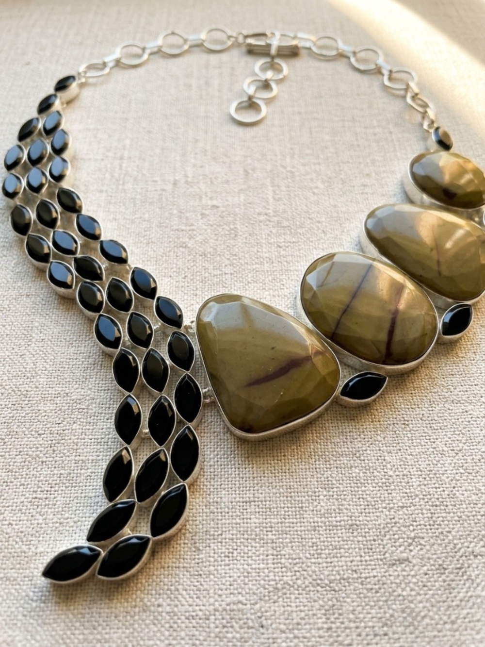 Artisan 925 Sterling Silver Black Onyx & Jasper Gemstone Statement Bib Necklace